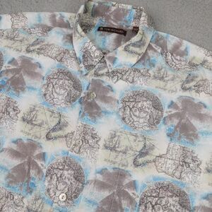 Tori Richard Shirt Mens XL Blue Gray Hawaiian Cotton Lawn Map Print Button Up